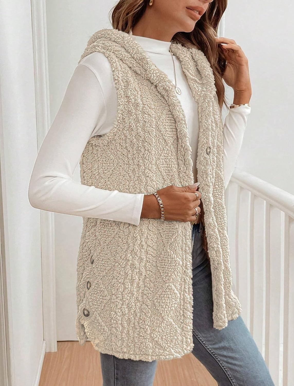 image:imageZAFUL Long Vest for Women Sleeveless Plush Hooded Vest Outerwear Coat0apricot