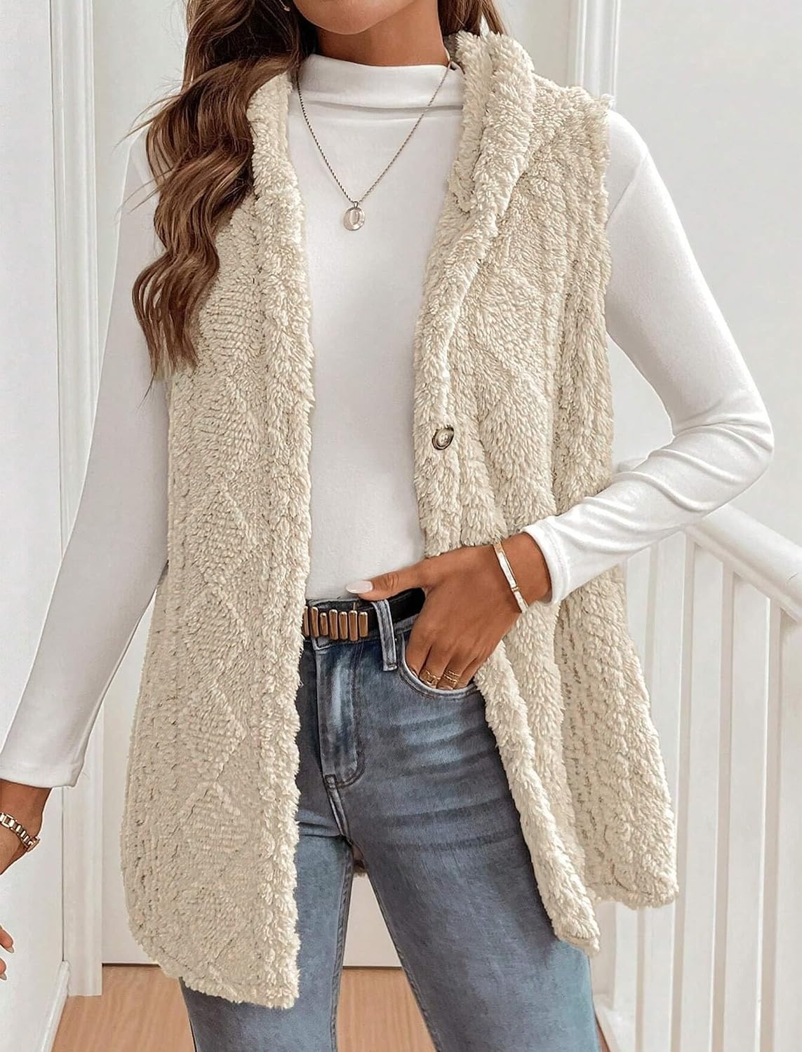 image:imageZAFUL Long Vest for Women Sleeveless Plush Hooded Vest Outerwear Coat0apricot