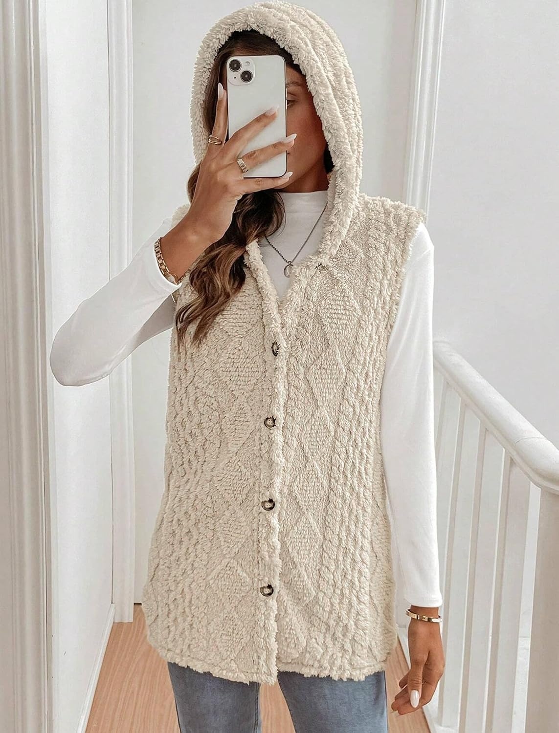 image:imageZAFUL Long Vest for Women Sleeveless Plush Hooded Vest Outerwear Coat0apricot