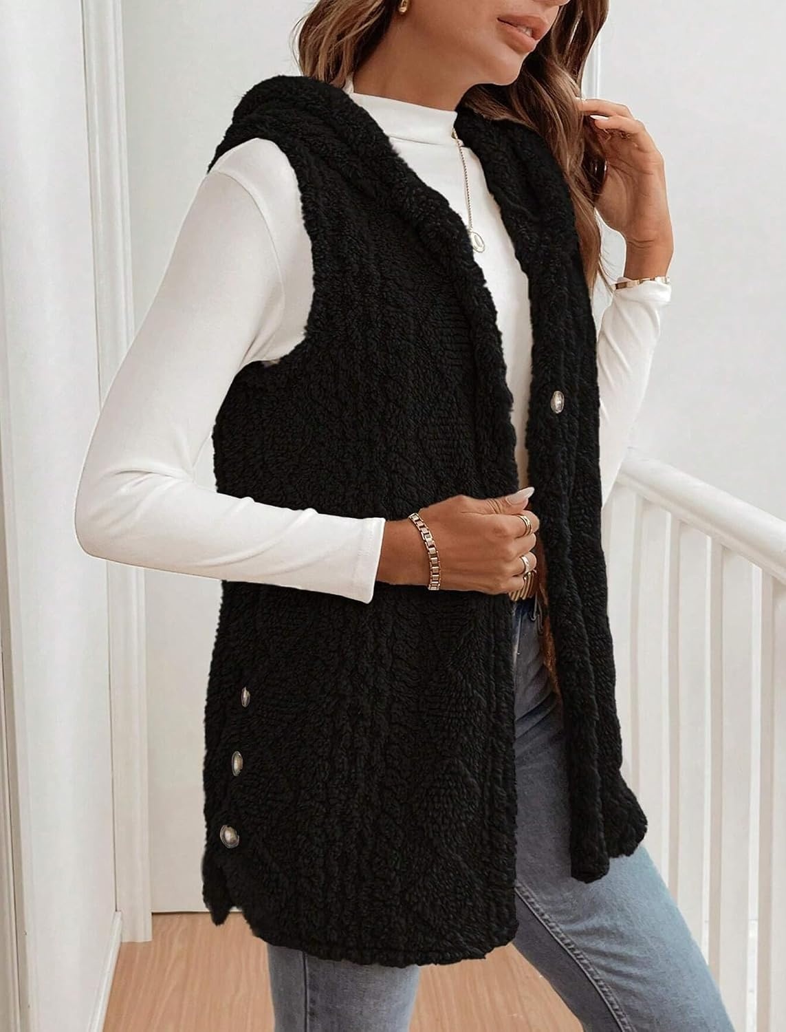 image:imageZAFUL Long Vest for Women Sleeveless Plush Hooded Vest Outerwear Coat1black