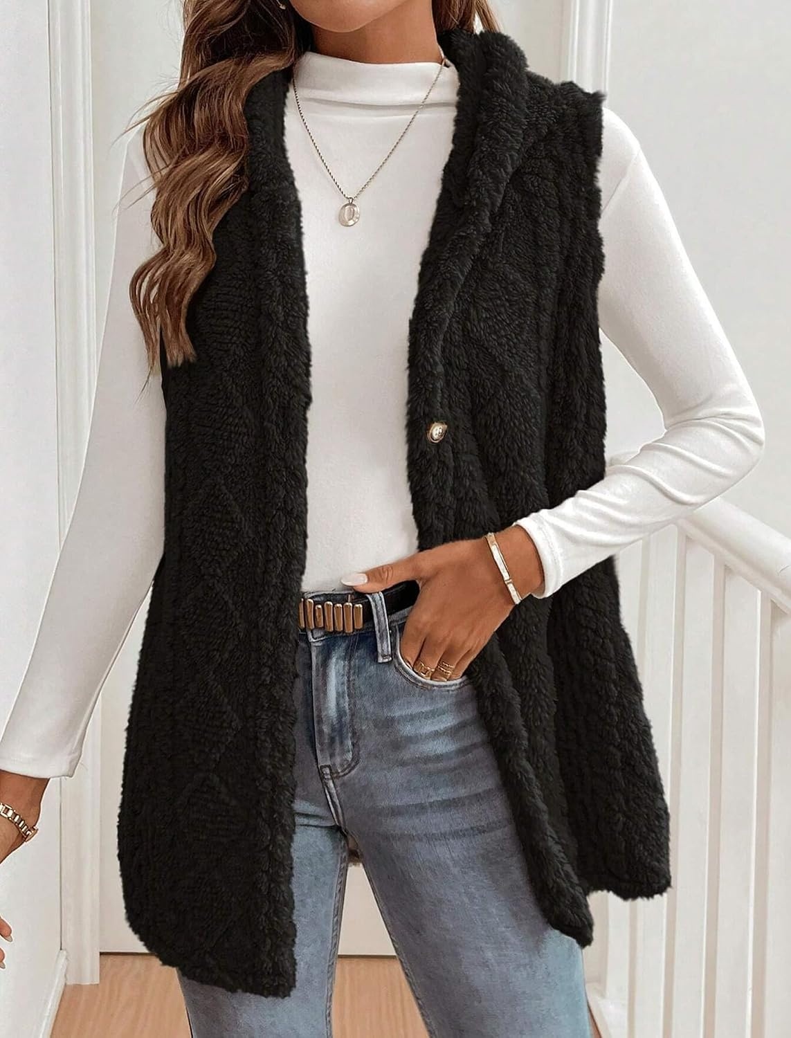 image:imageZAFUL Long Vest for Women Sleeveless Plush Hooded Vest Outerwear Coat1black