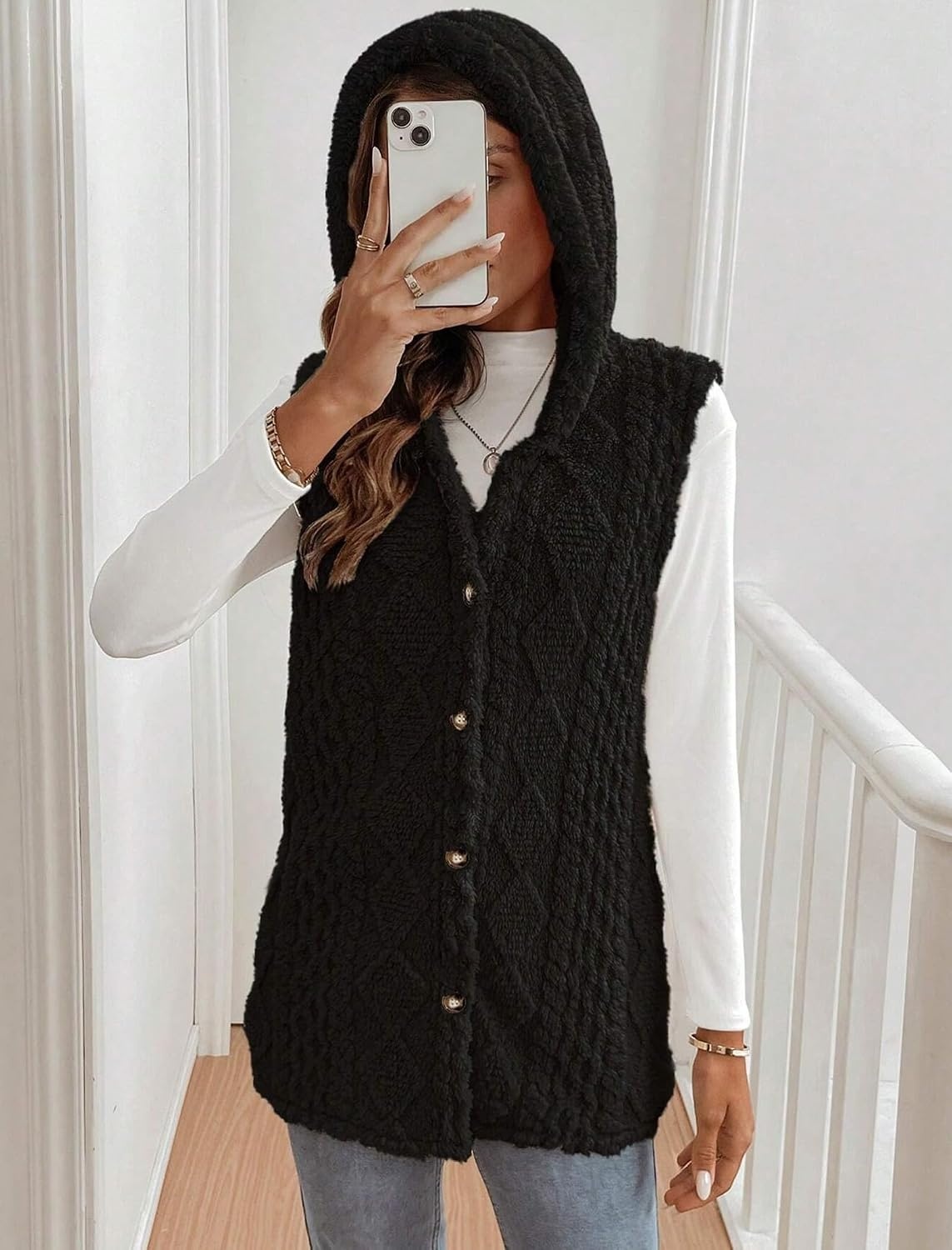 image:imageZAFUL Long Vest for Women Sleeveless Plush Hooded Vest Outerwear Coat1black