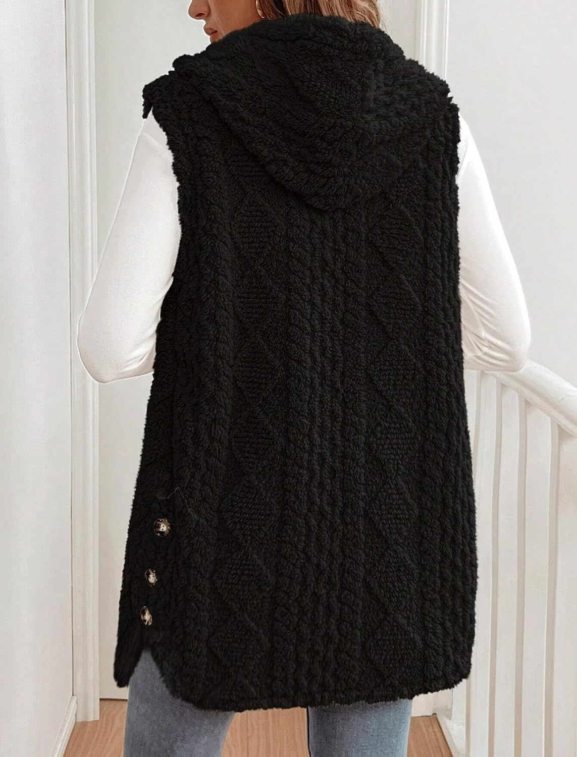image:imageZAFUL Long Vest for Women Sleeveless Plush Hooded Vest Outerwear Coat1black