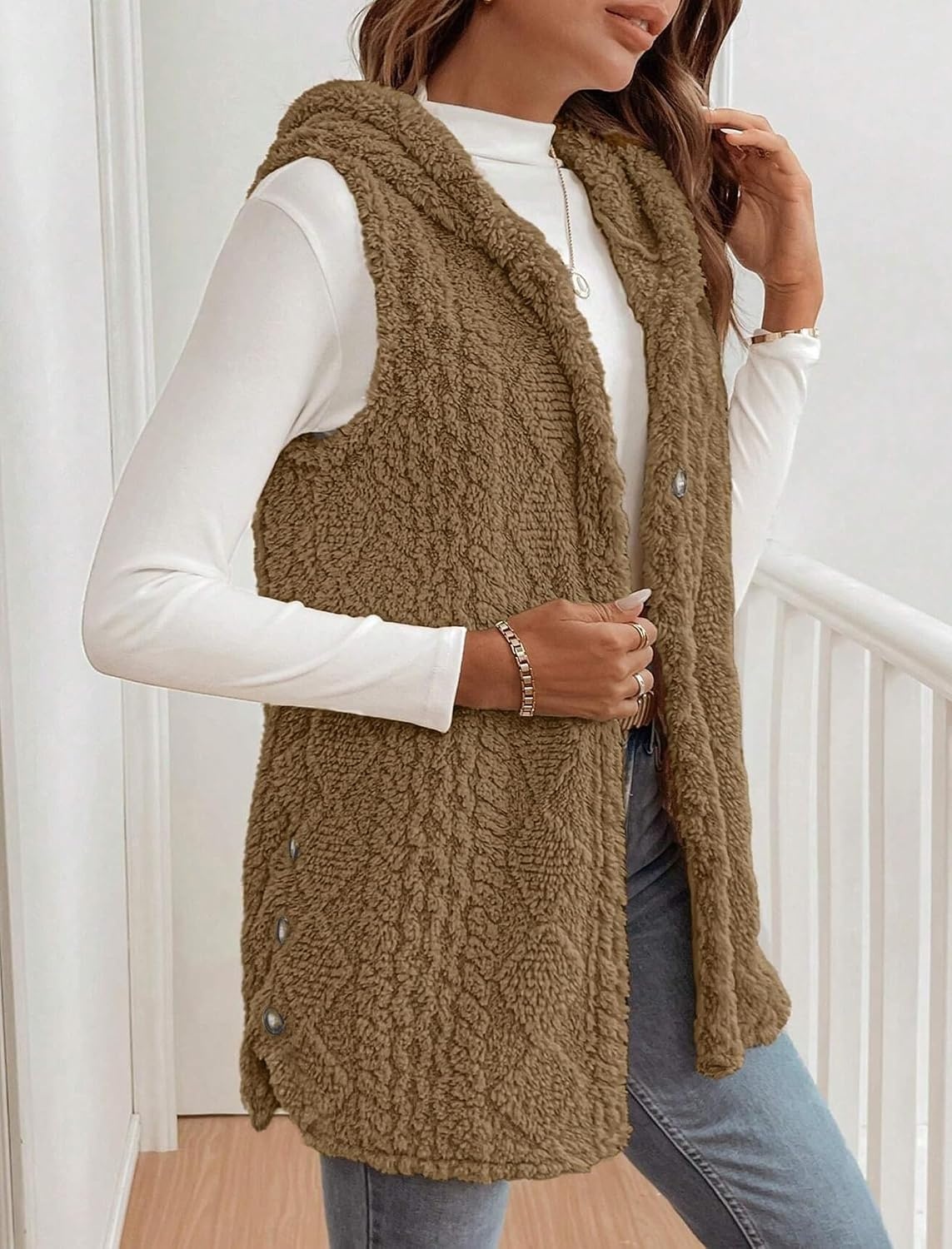 image:imageZAFUL Long Vest for Women Sleeveless Plush Hooded Vest Outerwear Coat1khaki