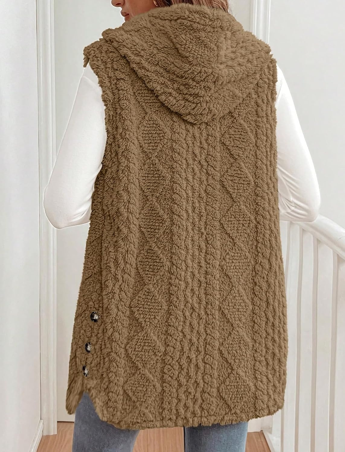 image:imageZAFUL Long Vest for Women Sleeveless Plush Hooded Vest Outerwear Coat1khaki