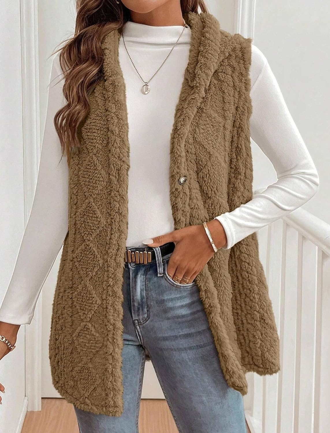 image:imageZAFUL Long Vest for Women Sleeveless Plush Hooded Vest Outerwear Coat1khaki