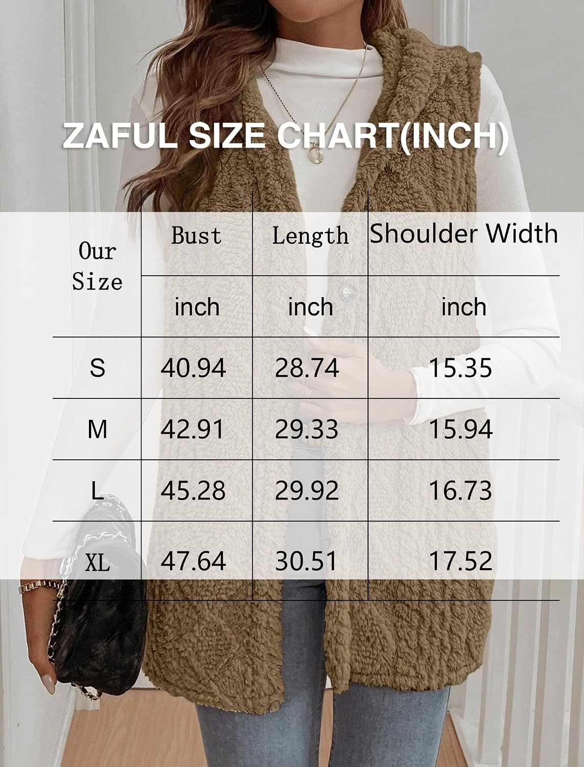 image:imageZAFUL Long Vest for Women Sleeveless Plush Hooded Vest Outerwear Coat1khaki