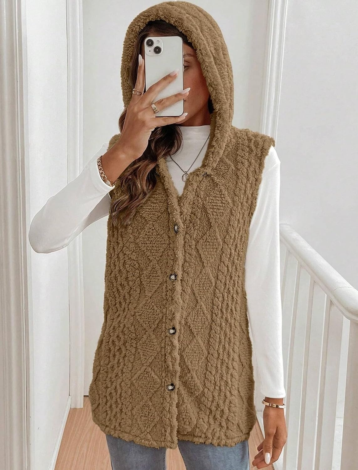 image:imageZAFUL Long Vest for Women Sleeveless Plush Hooded Vest Outerwear Coat1khaki