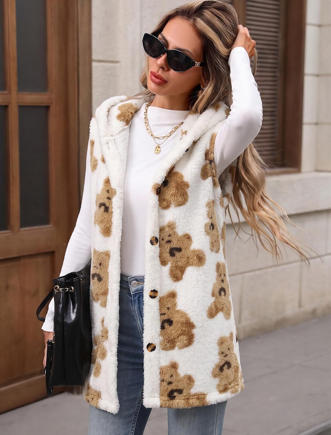image:imageZAFUL Long Vest for Women Sleeveless Plush Hooded Vest Outerwear Coat2white Bear