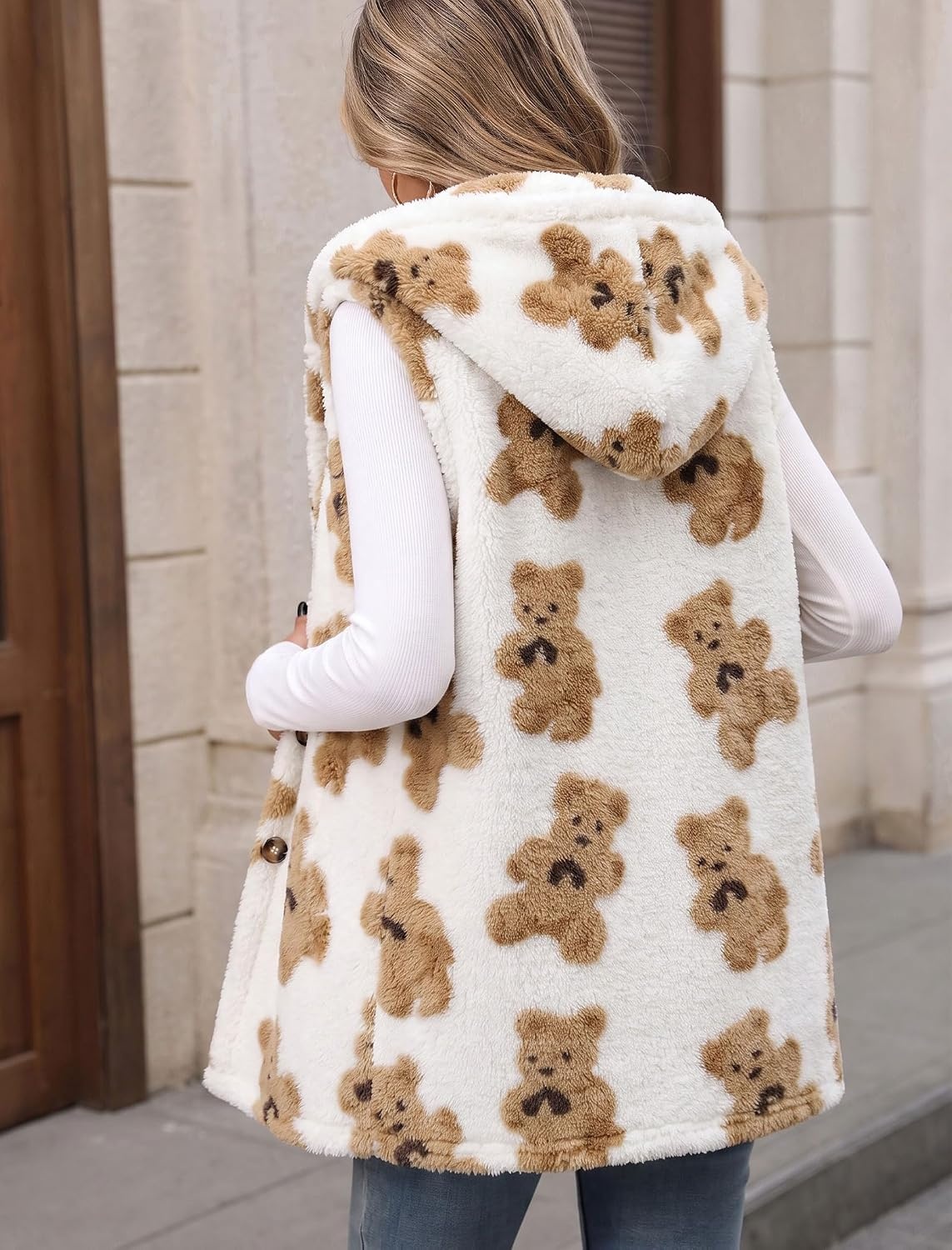 image:imageZAFUL Long Vest for Women Sleeveless Plush Hooded Vest Outerwear Coat2white Bear