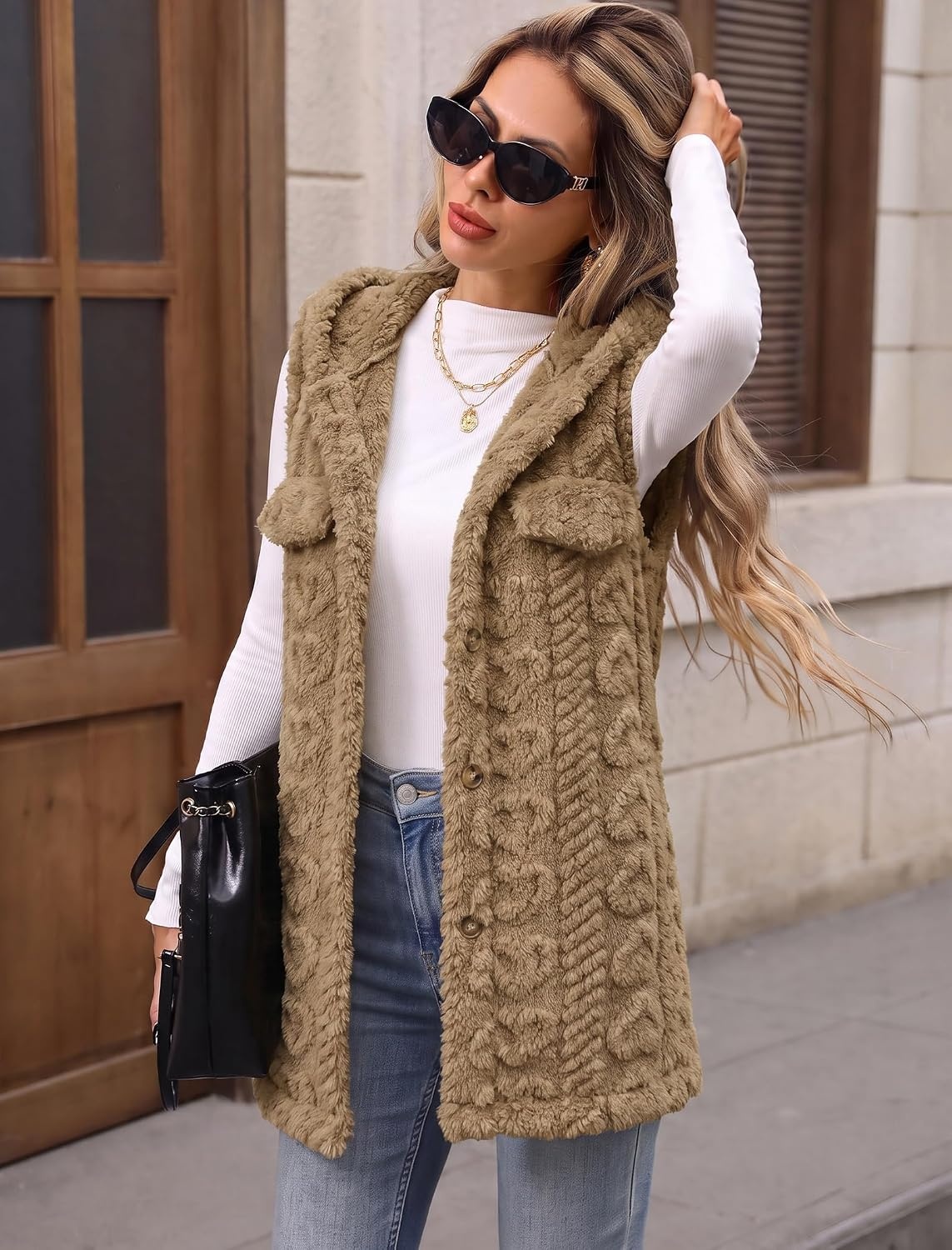 image:imageZAFUL Long Vest for Women Sleeveless Plush Hooded Vest Outerwear Coat3brown