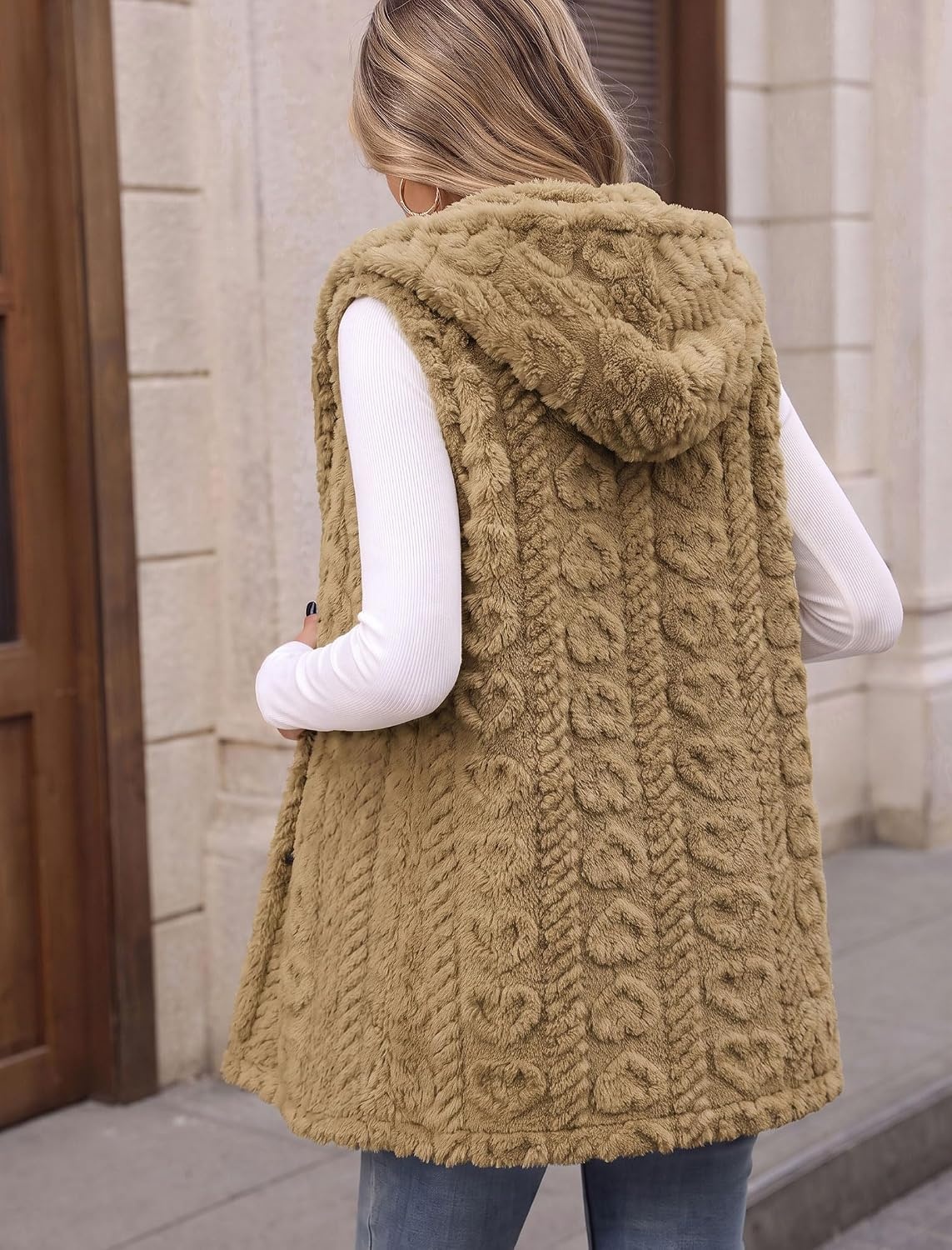 image:imageZAFUL Long Vest for Women Sleeveless Plush Hooded Vest Outerwear Coat3brown