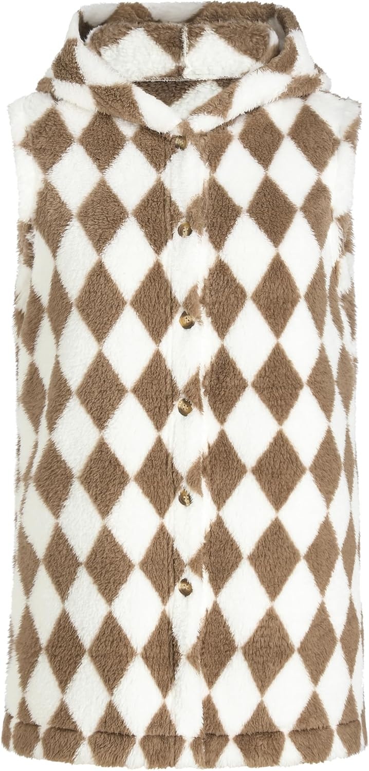 image:imageZAFUL Long Vest for Women Sleeveless Plush Hooded Vest Outerwear Coat3brown Plaid