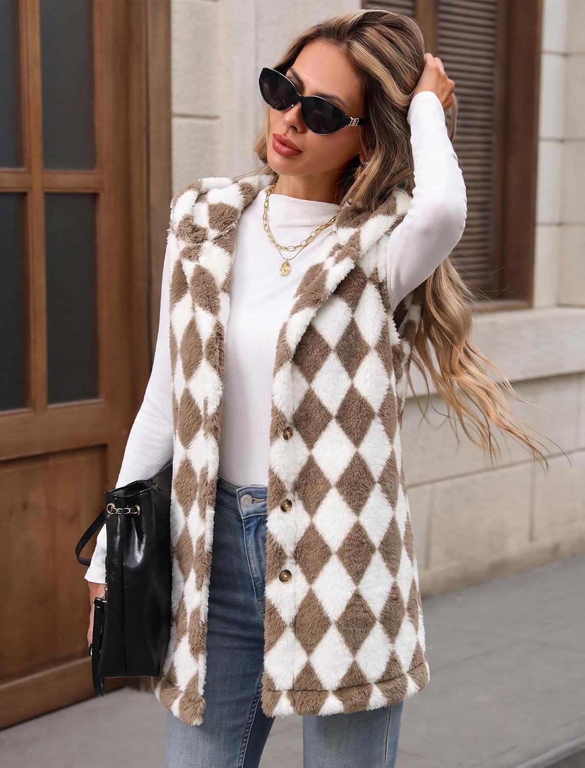 image:imageZAFUL Long Vest for Women Sleeveless Plush Hooded Vest Outerwear Coat3brown Plaid