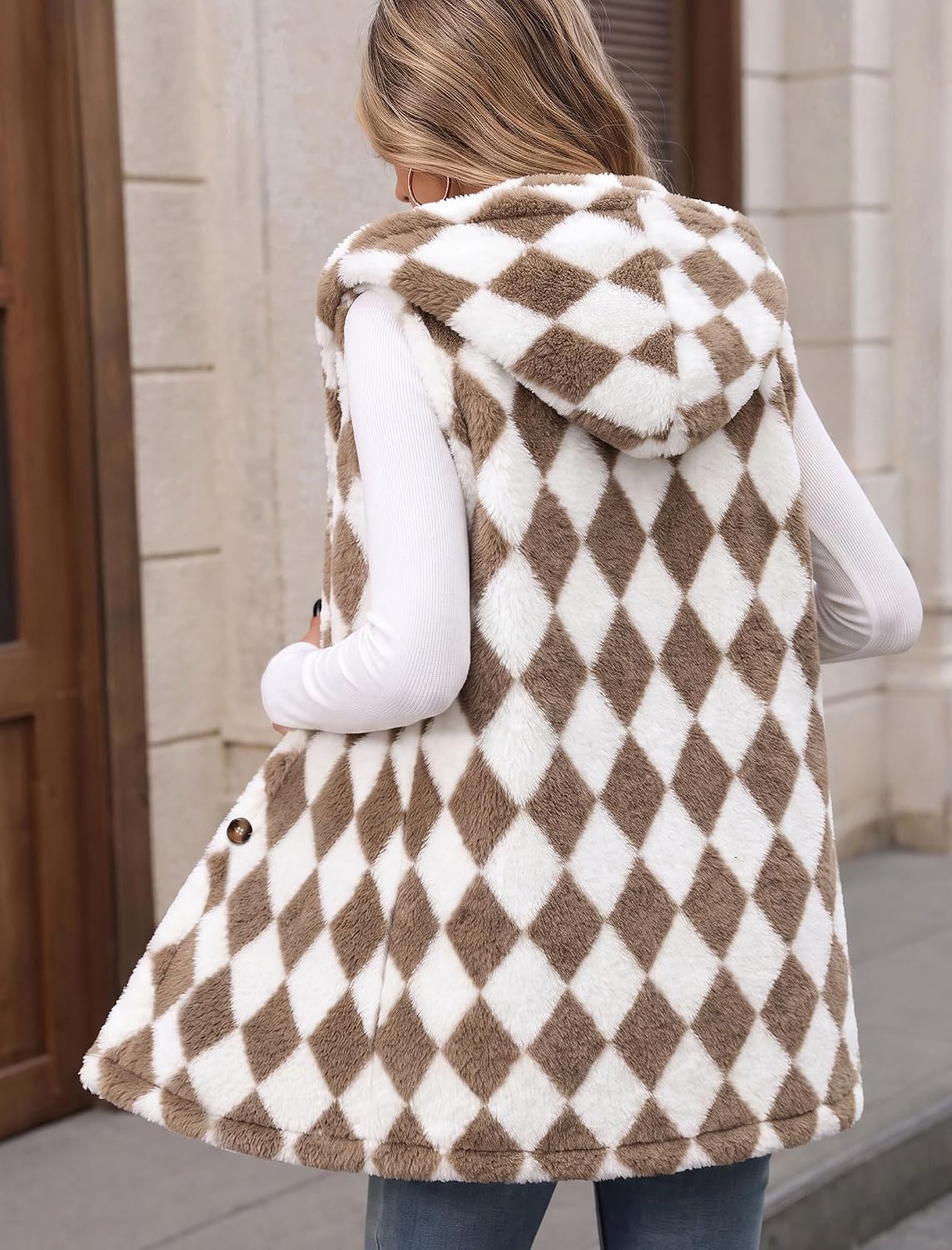 image:imageZAFUL Long Vest for Women Sleeveless Plush Hooded Vest Outerwear Coat3brown Plaid
