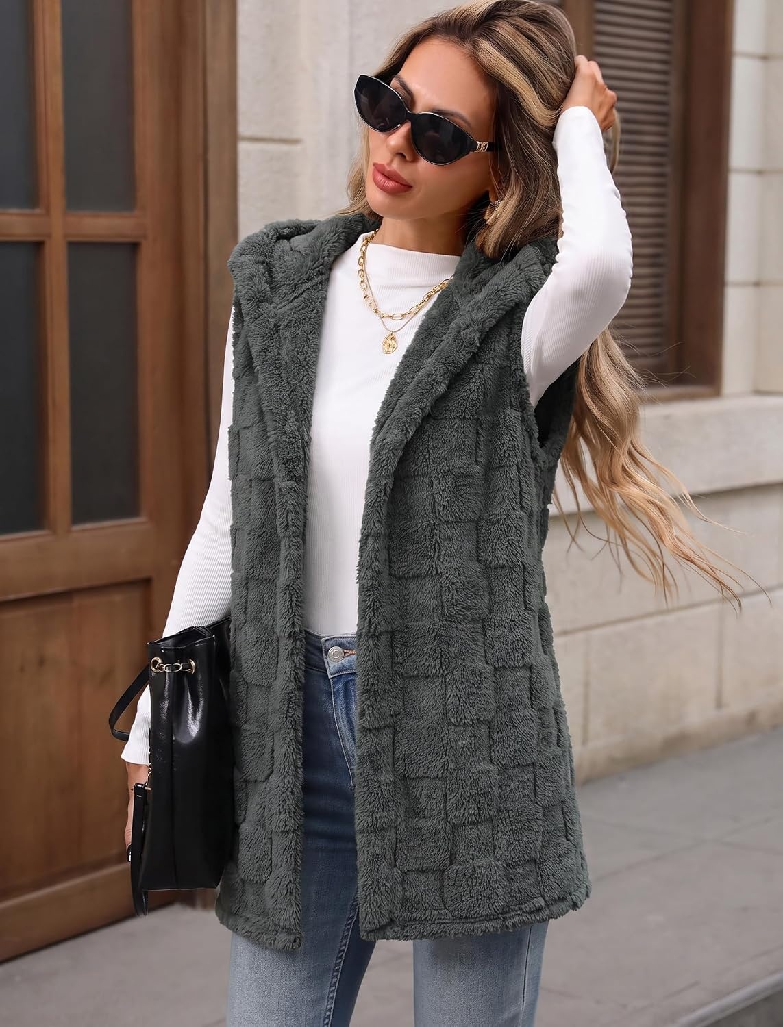 image:imageZAFUL Long Vest for Women Sleeveless Plush Hooded Vest Outerwear Coat4gray