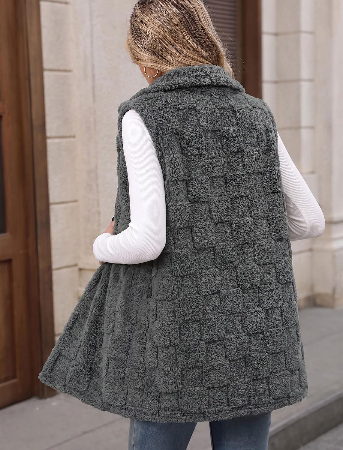 image:imageZAFUL Long Vest for Women Sleeveless Plush Hooded Vest Outerwear Coat4gray