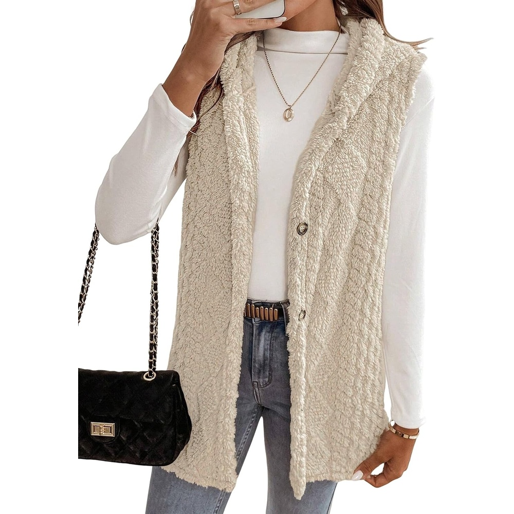 image:imageZAFUL Long Vest for Women Sleeveless Plush Hooded Vest Outerwear Coat0apricot