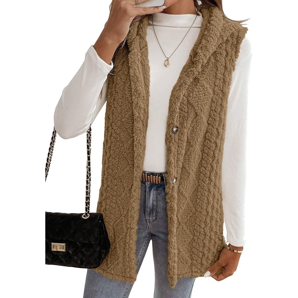 image:imageZAFUL Long Vest for Women Sleeveless Plush Hooded Vest Outerwear Coat1khaki