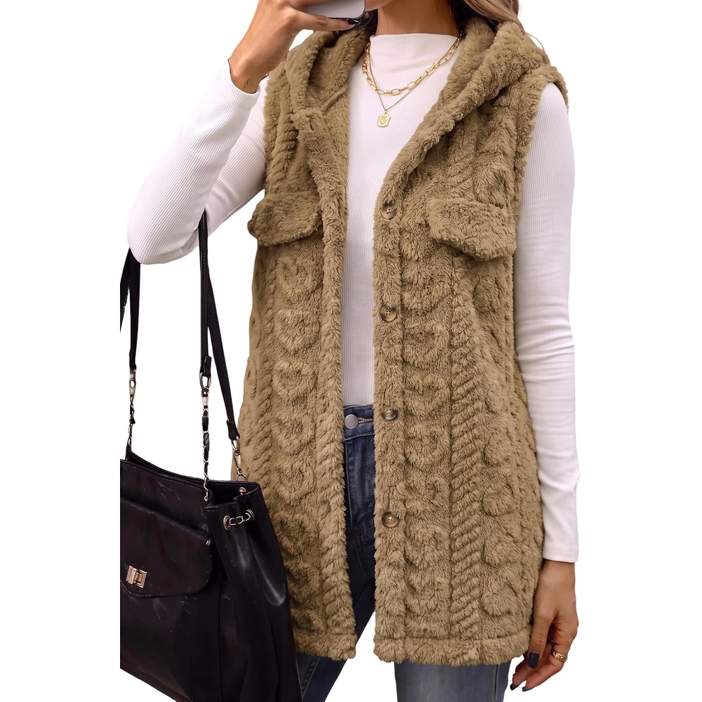 image:imageZAFUL Long Vest for Women Sleeveless Plush Hooded Vest Outerwear Coat3brown