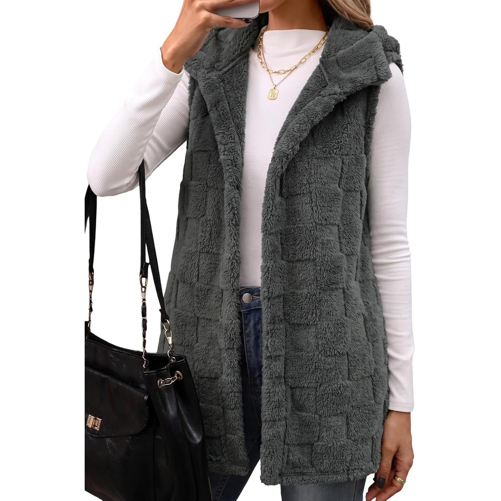 image:imageZAFUL Long Vest for Women Sleeveless Plush Hooded Vest Outerwear Coat4gray