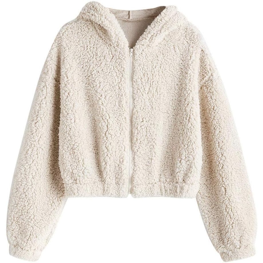 image:imageZAFUL Womens Hooded Zip Up Faux Shearling Fluffy Teddy Jacket Coat0milk White