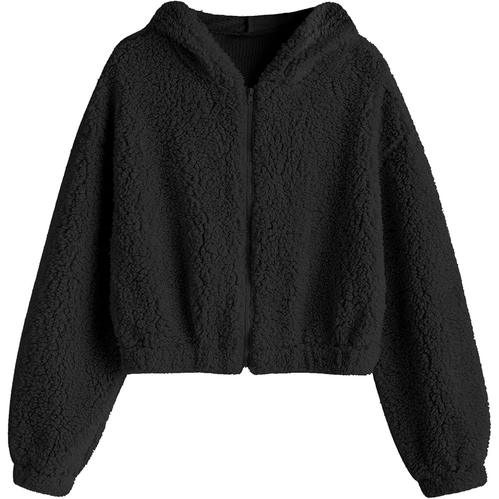 image:imageZAFUL Womens Hooded Zip Up Faux Shearling Fluffy Teddy Jacket Coat1black