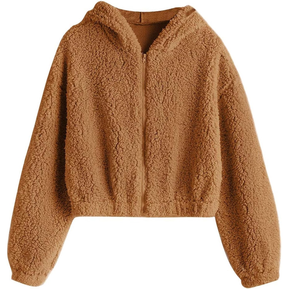 image:imageZAFUL Womens Hooded Zip Up Faux Shearling Fluffy Teddy Jacket Coat1caramel