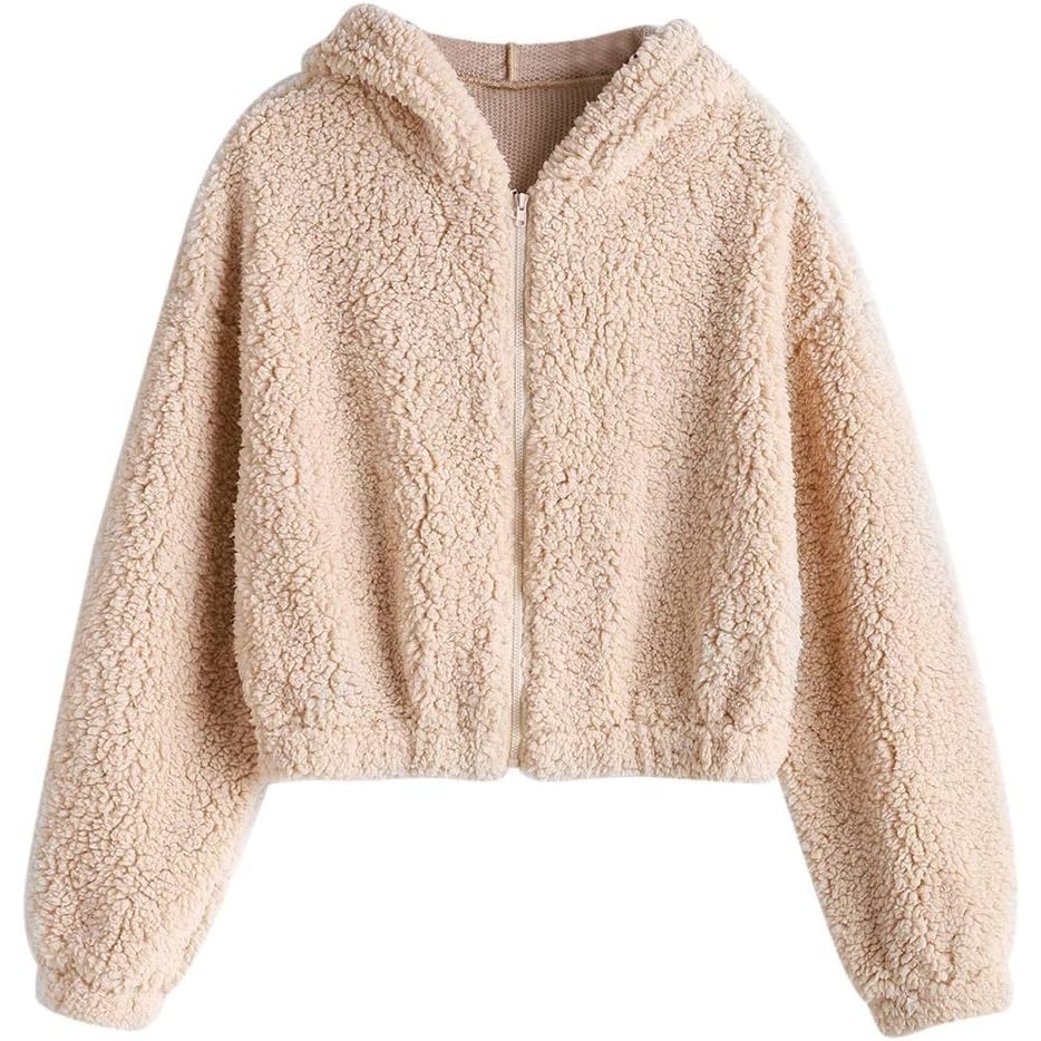 image:imageZAFUL Womens Hooded Zip Up Faux Shearling Fluffy Teddy Jacket Coat1light Khaki