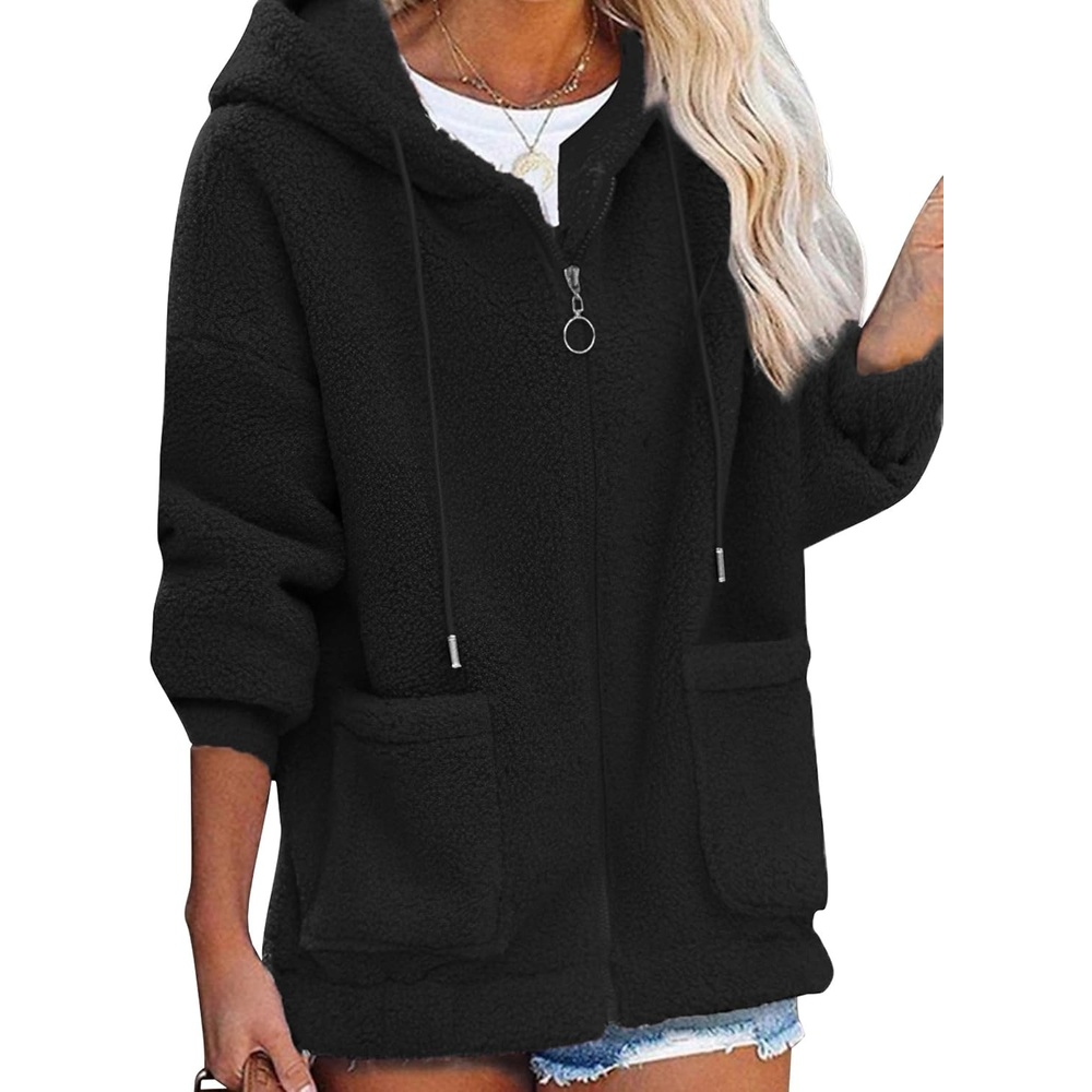 image:imageZAFUL Womens Hooded Zip Up Faux Shearling Fluffy Teddy Jacket Coat2black