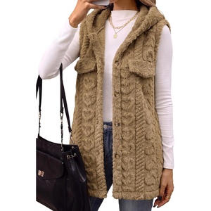 ZAFUL Long Vest for Women Sleeveless Plush Hooded Vest Outerwear Coat(3-brown)