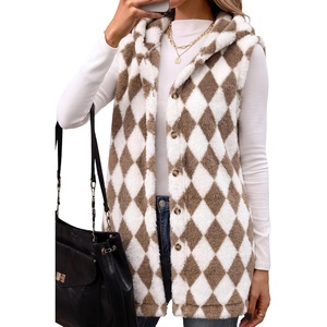ZAFUL Long Vest for Women Sleeveless Plush Hooded Vest Outerwear Coat(3-brown Plaid )