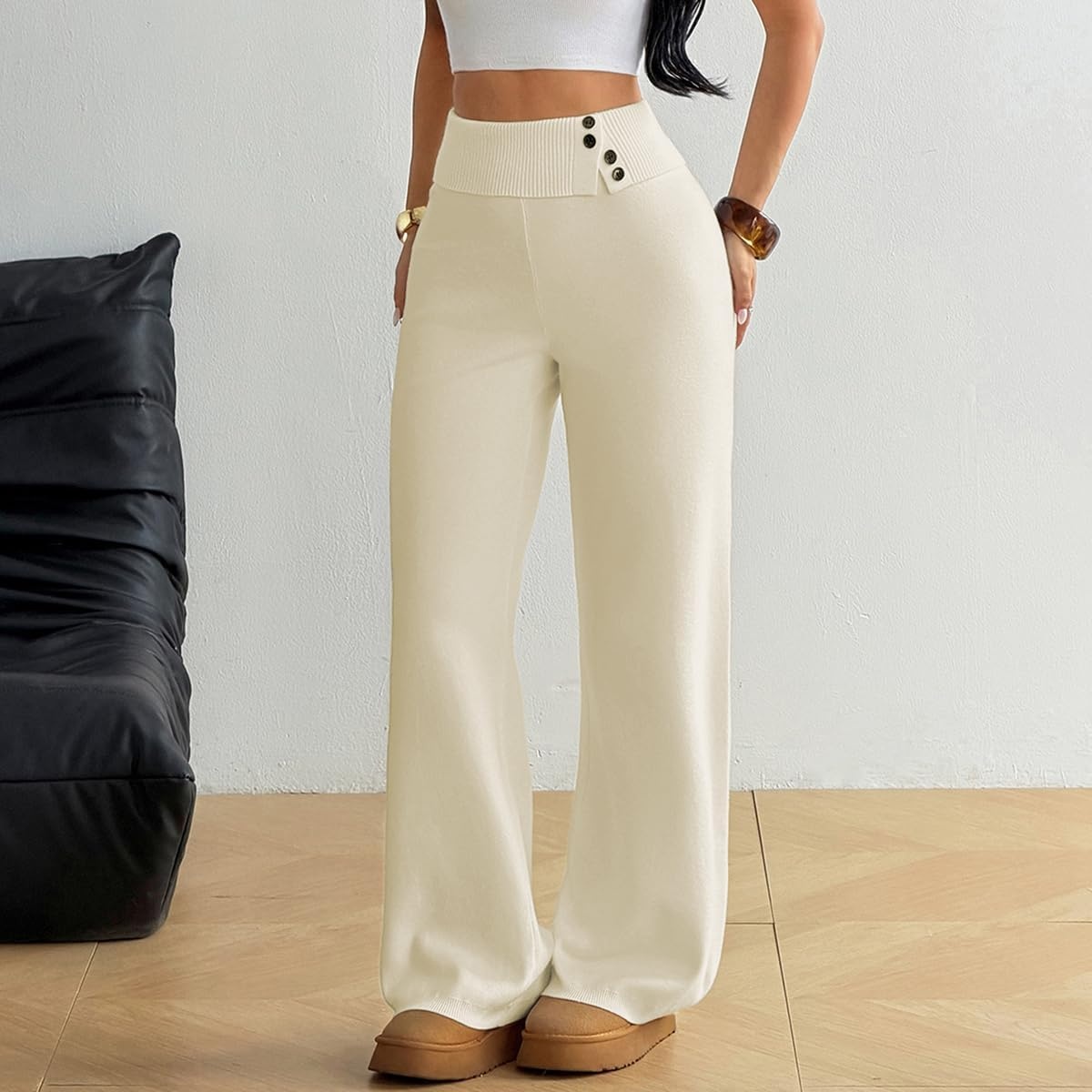 image:imageZAFUL Womens Buttons Wide Leg Core Spun Knit Fall Winter Lounge Pants1beige