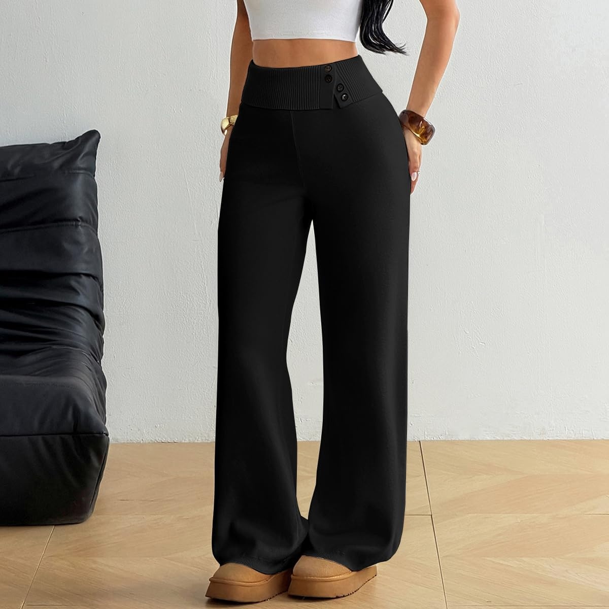 image:imageZAFUL Womens Buttons Wide Leg Core Spun Knit Fall Winter Lounge Pants1black