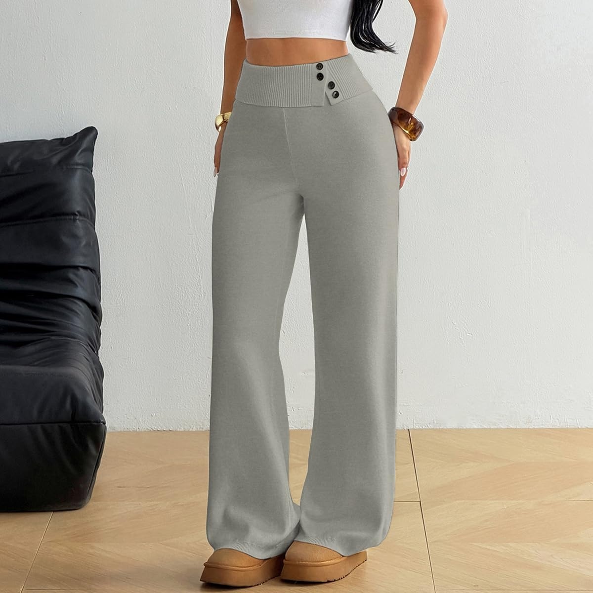 image:imageZAFUL Womens Buttons Wide Leg Core Spun Knit Fall Winter Lounge Pants1gray