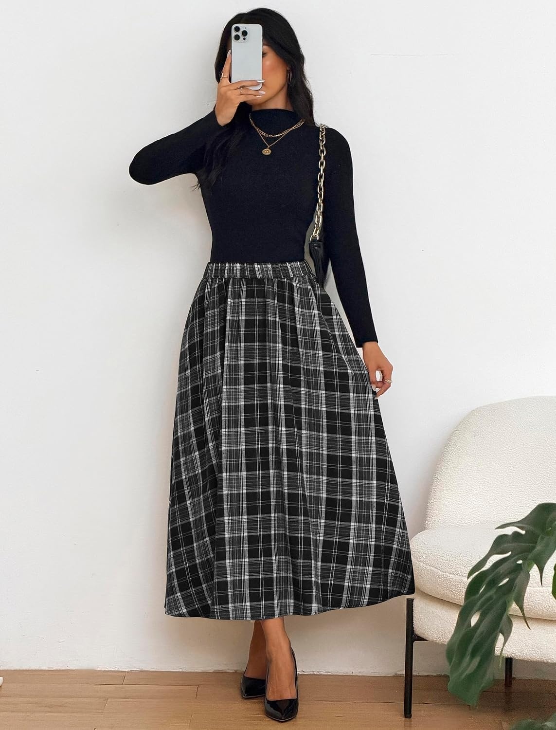 image:imageZAFUL Womens Plaid Skirts Elastic Waist ALine Pleated Midi SkirtsAblack