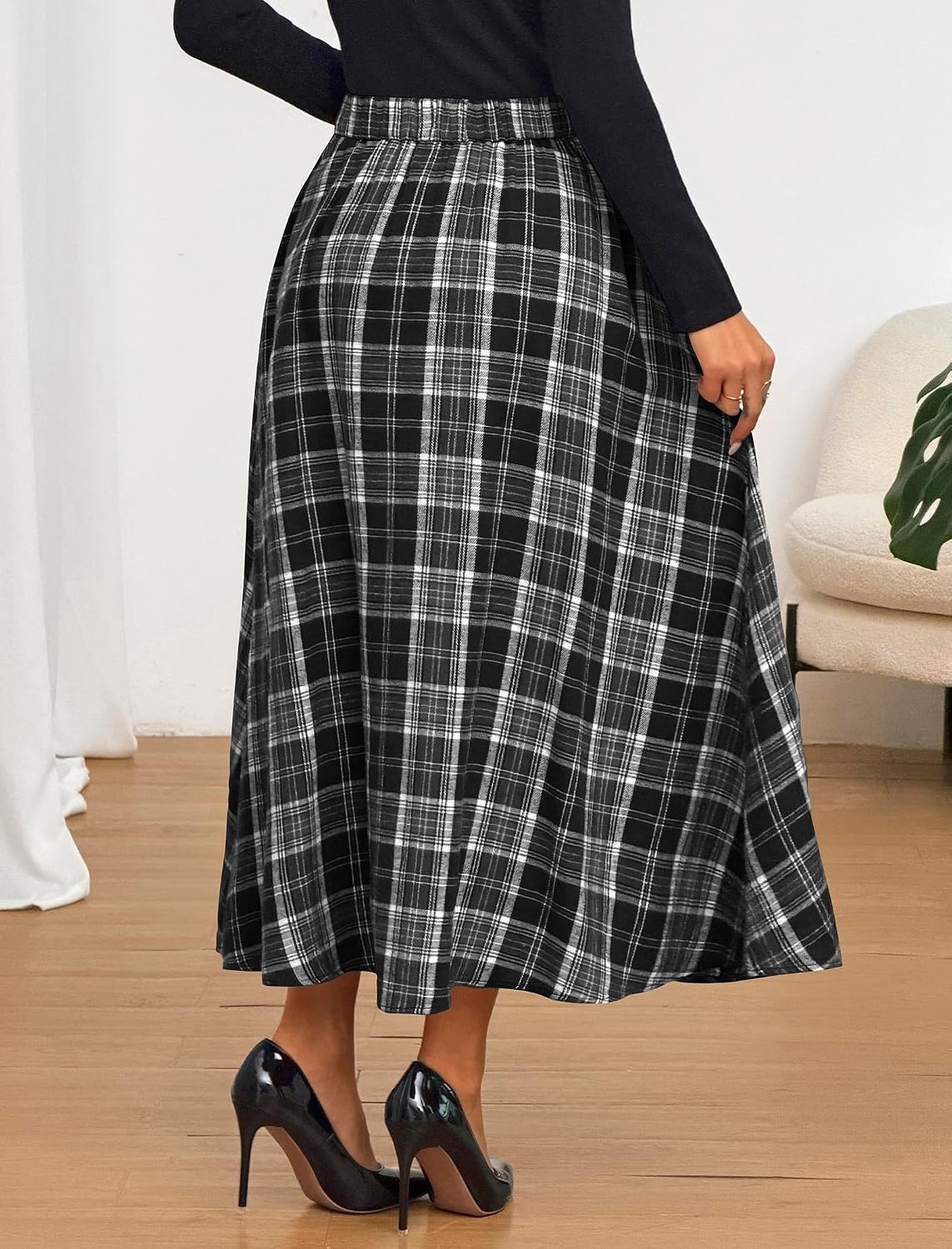 image:imageZAFUL Womens Plaid Skirts Elastic Waist ALine Pleated Midi SkirtsAblack