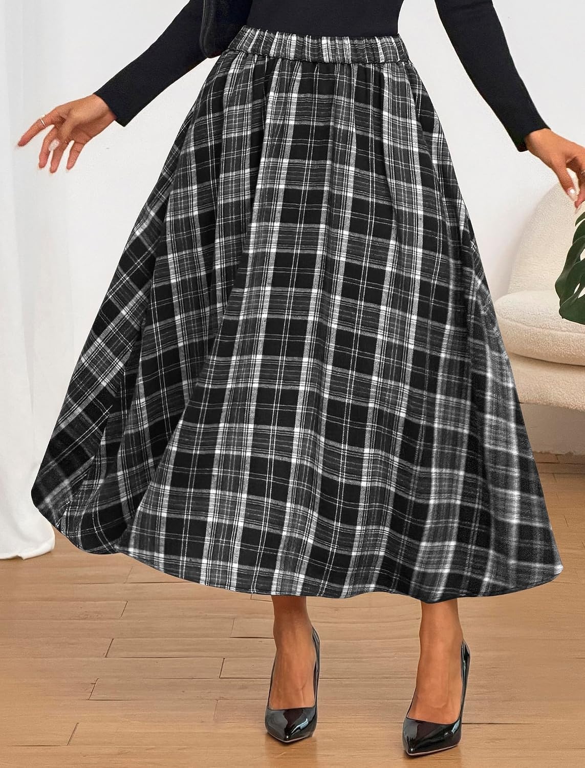 image:imageZAFUL Womens Plaid Skirts Elastic Waist ALine Pleated Midi SkirtsAblack