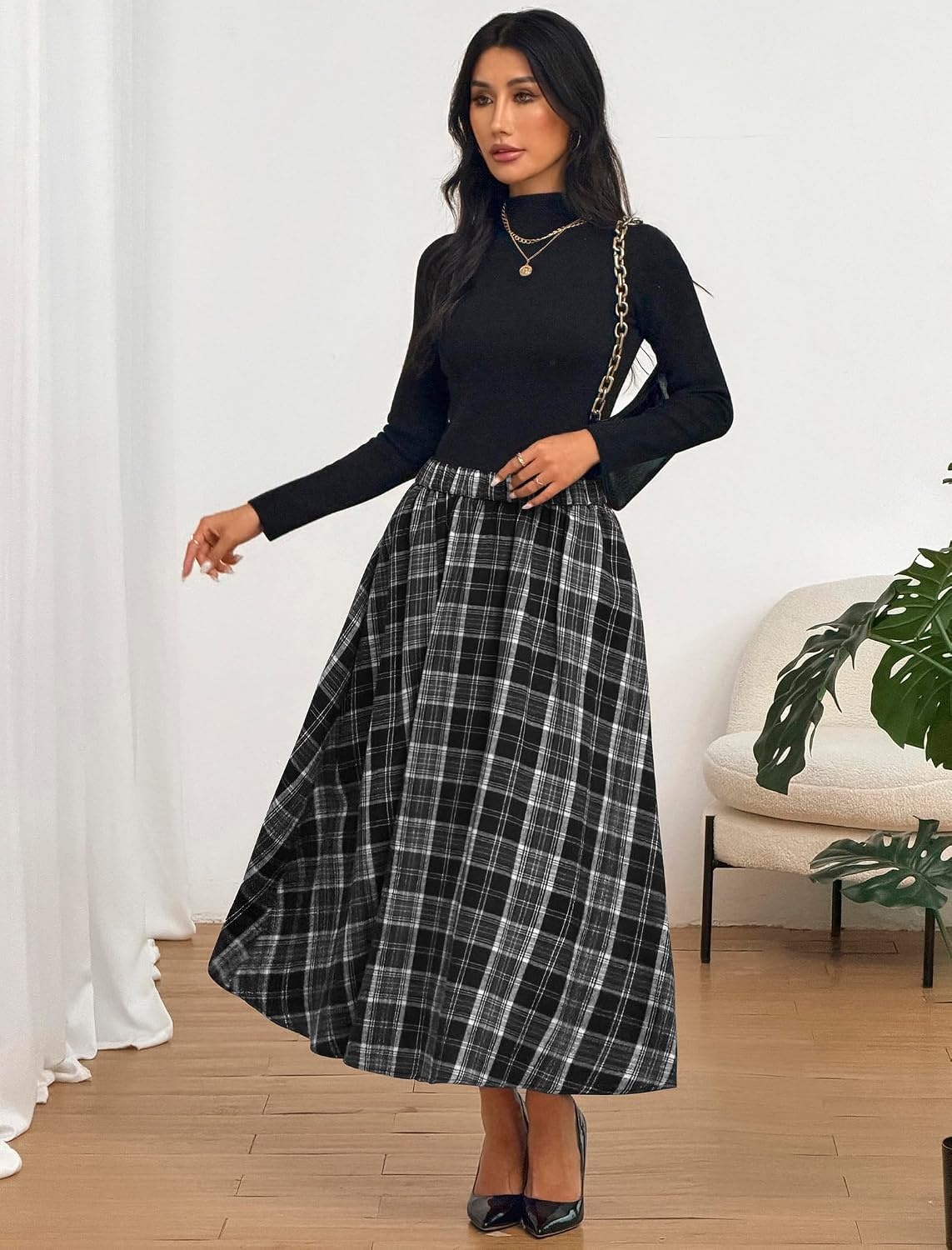image:imageZAFUL Womens Plaid Skirts Elastic Waist ALine Pleated Midi SkirtsAblack