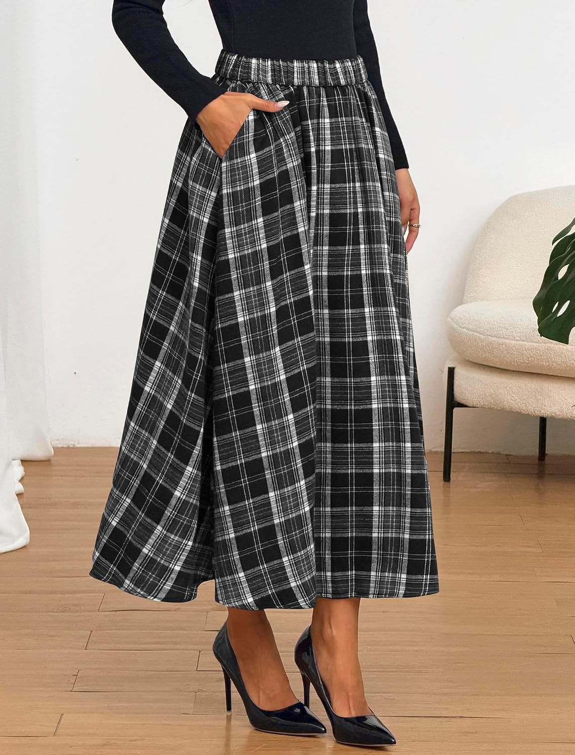 image:imageZAFUL Womens Plaid Skirts Elastic Waist ALine Pleated Midi SkirtsAblack