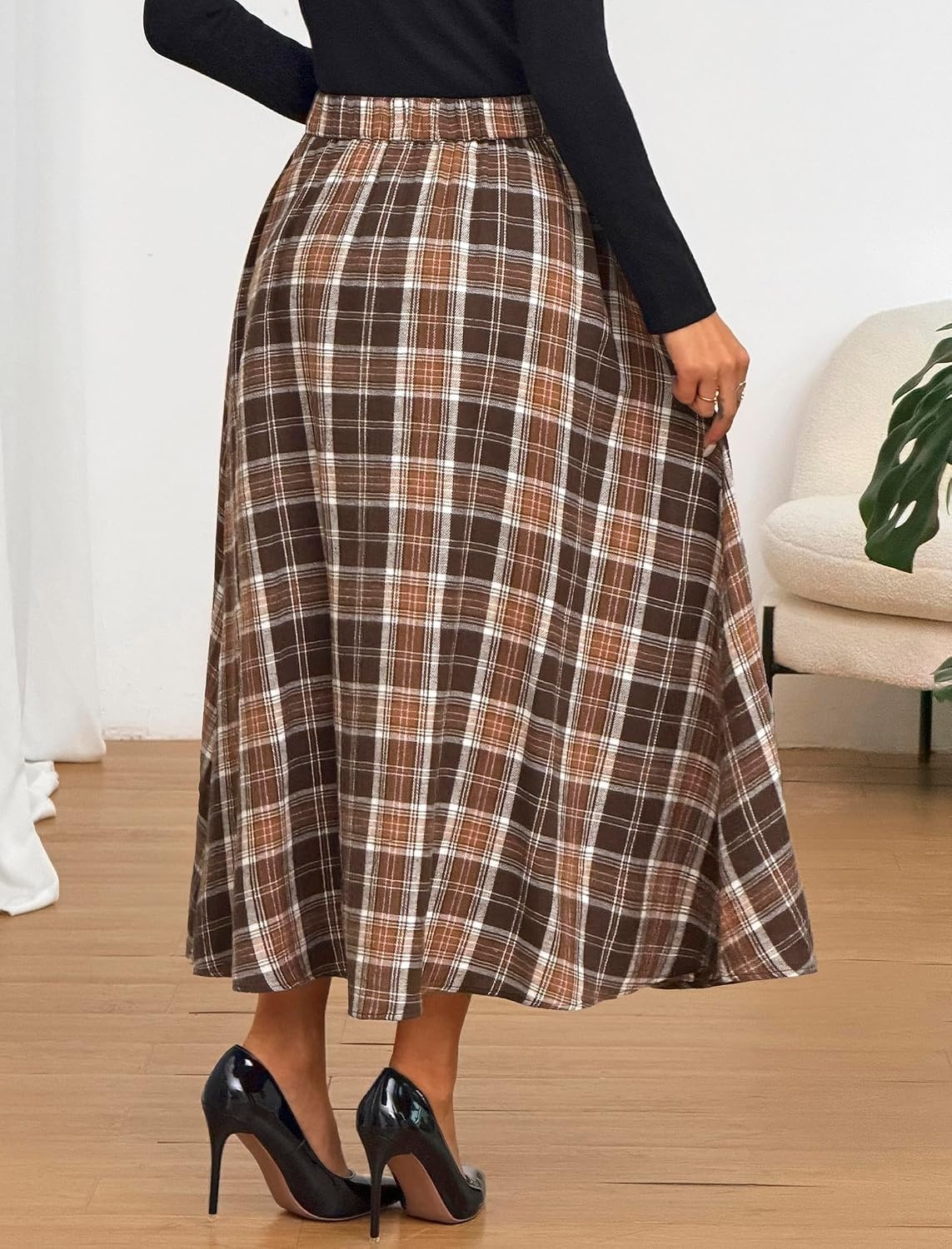 image:imageZAFUL Womens Plaid Skirts Elastic Waist ALine Pleated Midi SkirtsAbrown