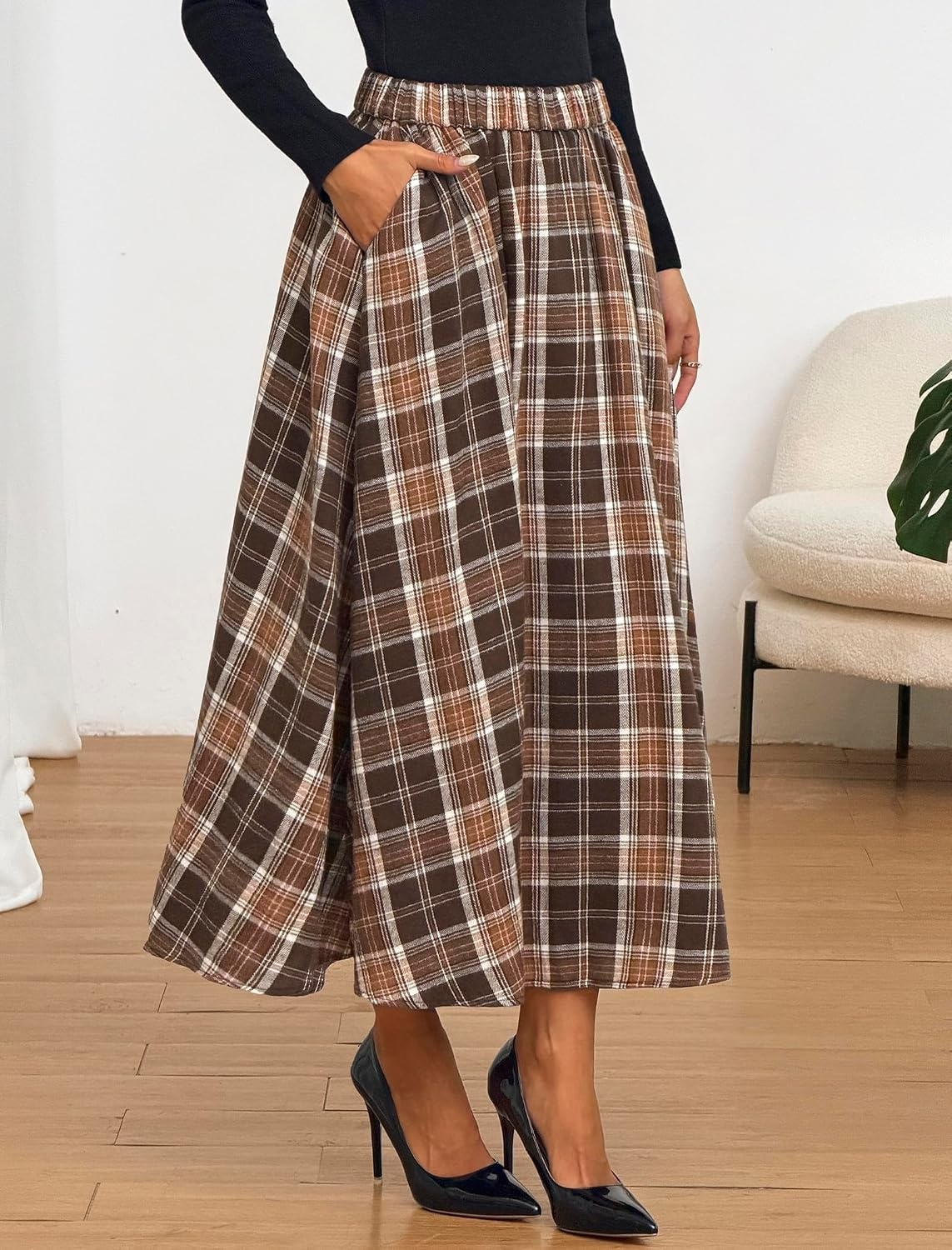 image:imageZAFUL Womens Plaid Skirts Elastic Waist ALine Pleated Midi SkirtsAbrown