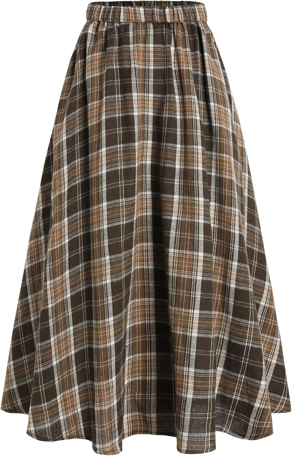 image:imageZAFUL Womens Plaid Skirts Elastic Waist ALine Pleated Midi SkirtsAbrown