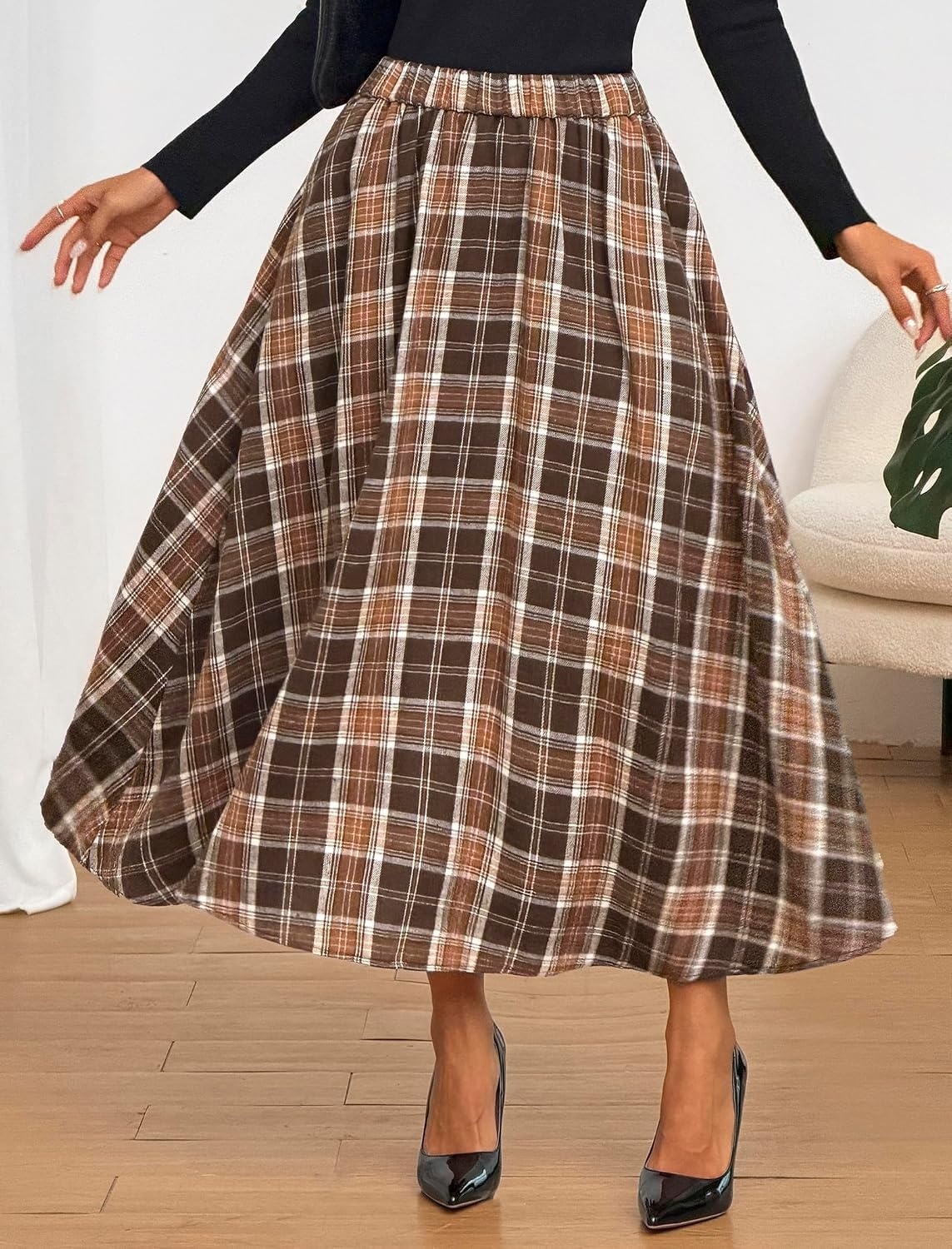 image:imageZAFUL Womens Plaid Skirts Elastic Waist ALine Pleated Midi SkirtsAbrown