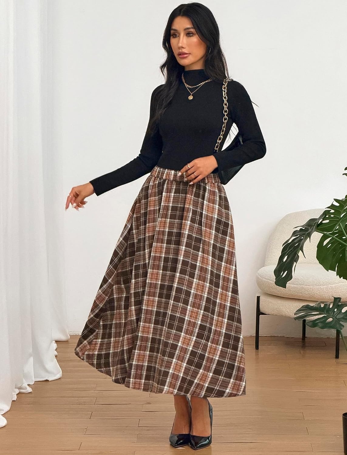 image:imageZAFUL Womens Plaid Skirts Elastic Waist ALine Pleated Midi SkirtsAbrown