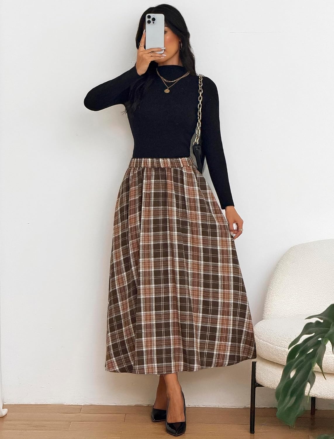 image:imageZAFUL Womens Plaid Skirts Elastic Waist ALine Pleated Midi SkirtsAbrown
