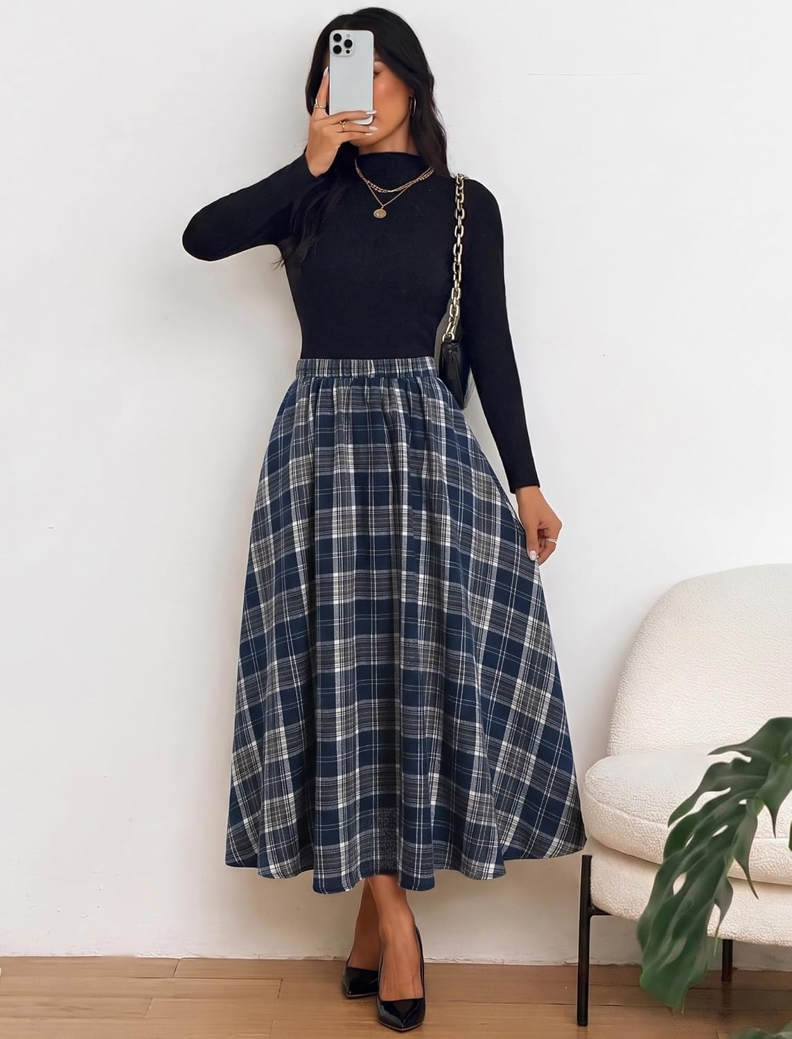 image:imageZAFUL Womens Plaid Skirts Elastic Waist ALine Pleated Midi SkirtsAnavy Blue