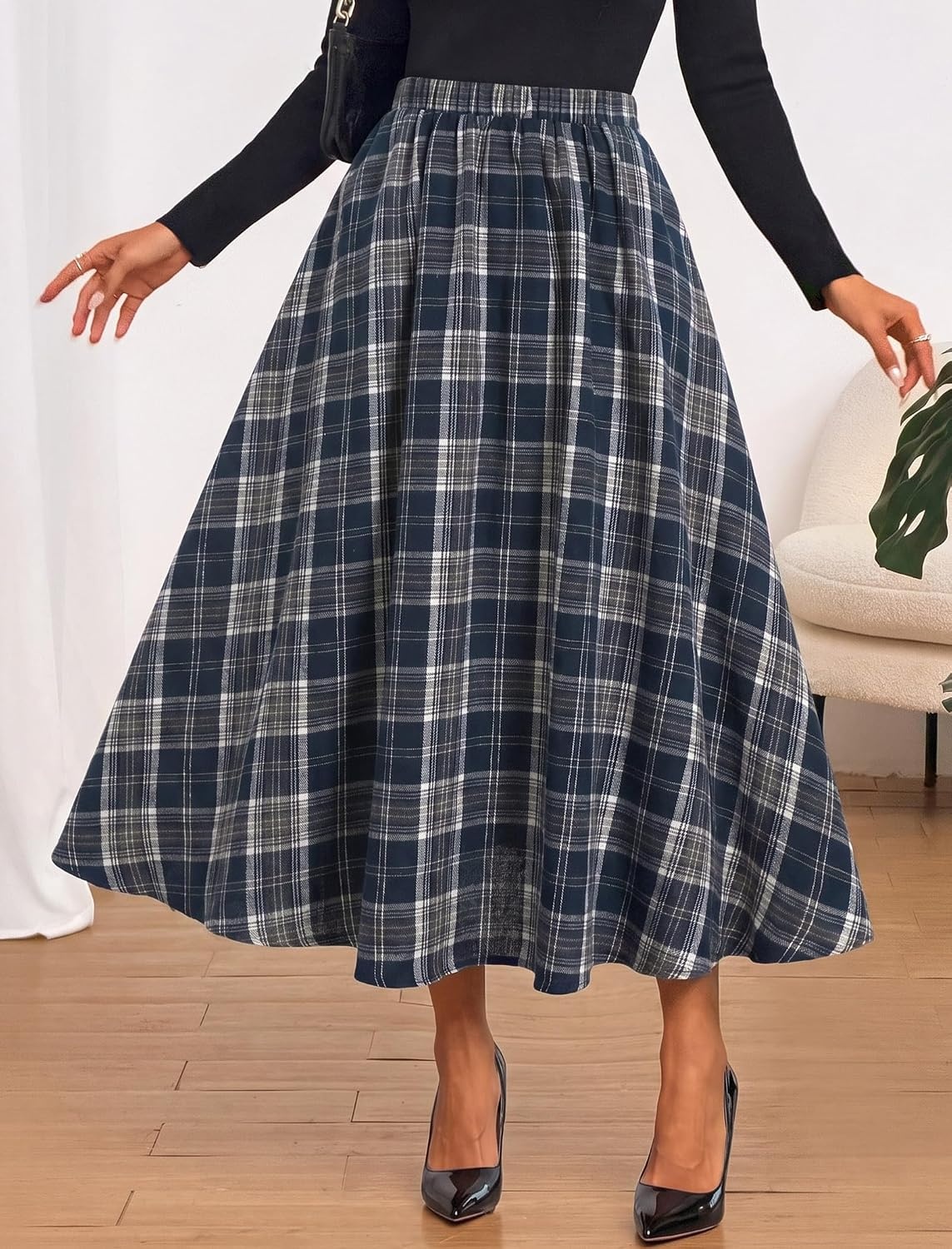 image:imageZAFUL Womens Plaid Skirts Elastic Waist ALine Pleated Midi SkirtsAnavy Blue