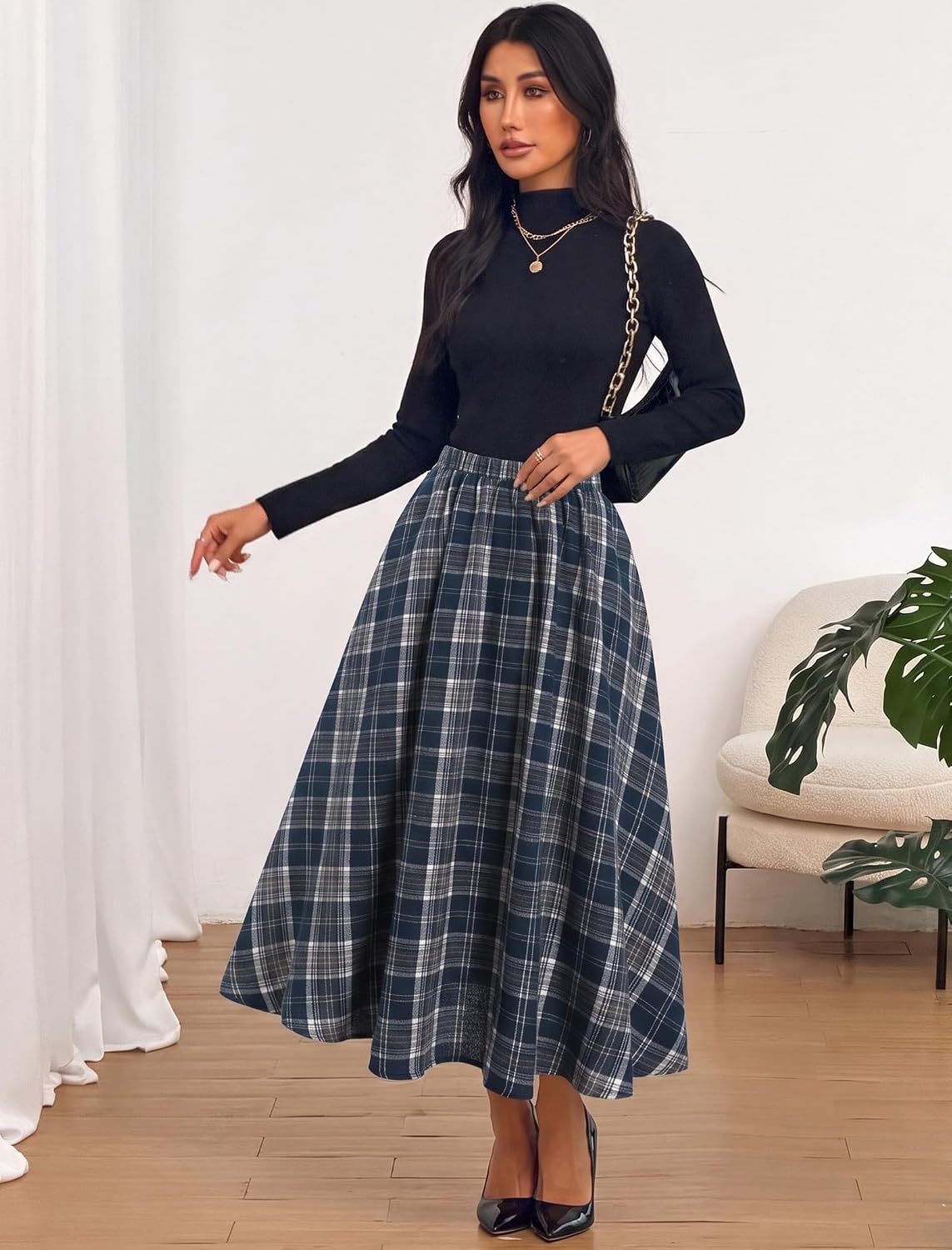image:imageZAFUL Womens Plaid Skirts Elastic Waist ALine Pleated Midi SkirtsAnavy Blue