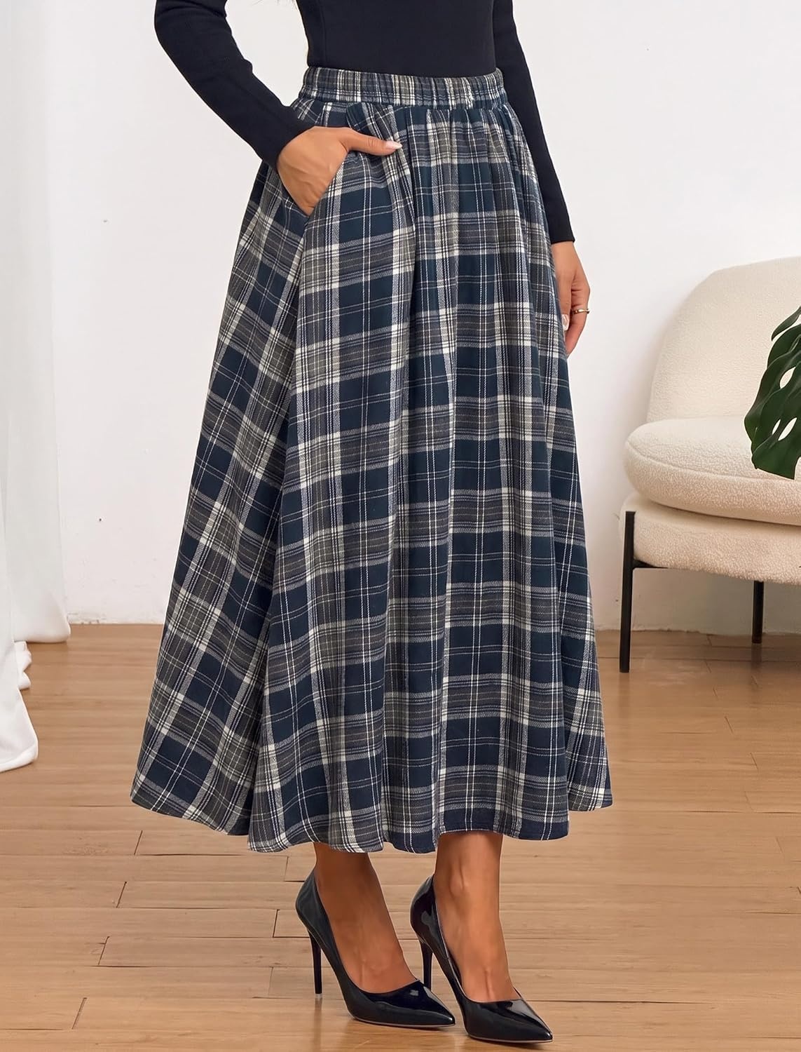 image:imageZAFUL Womens Plaid Skirts Elastic Waist ALine Pleated Midi SkirtsAnavy Blue